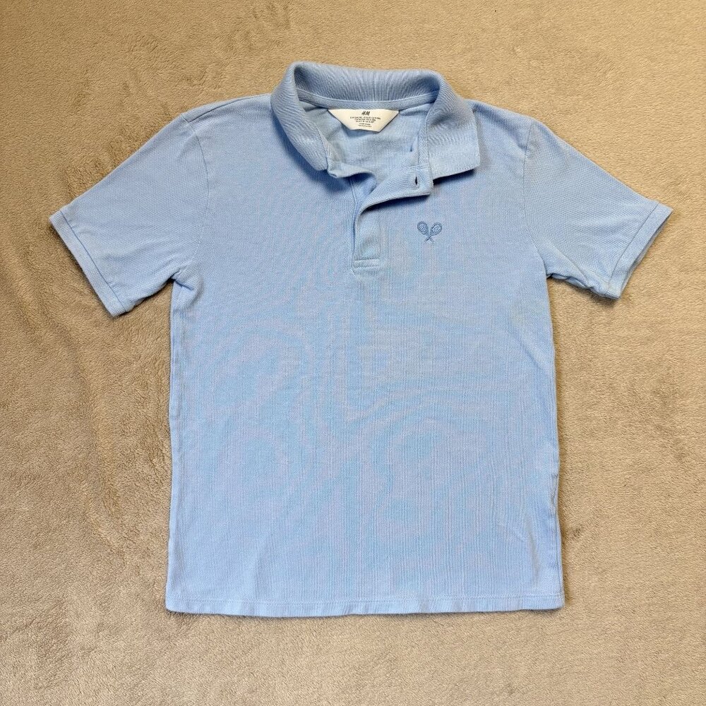 H&M Polo Shirt Boys 8-10Y Blue Good Tennis Racket Embroidery Cotton Short Sleeve